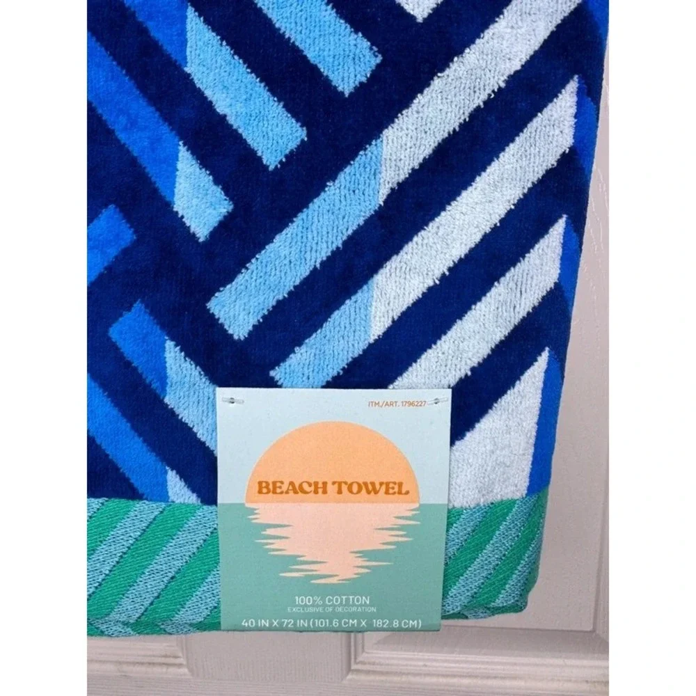 NWT Welspun Oversized 100% Cotton Beach Towel 40x72 Blue Geometric 1796227